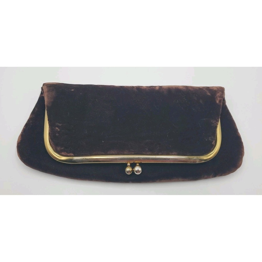 Vtg JR USA Velour Evening Hand Bag‎ Purse Clutch Large Folding Kiss Lock Brown